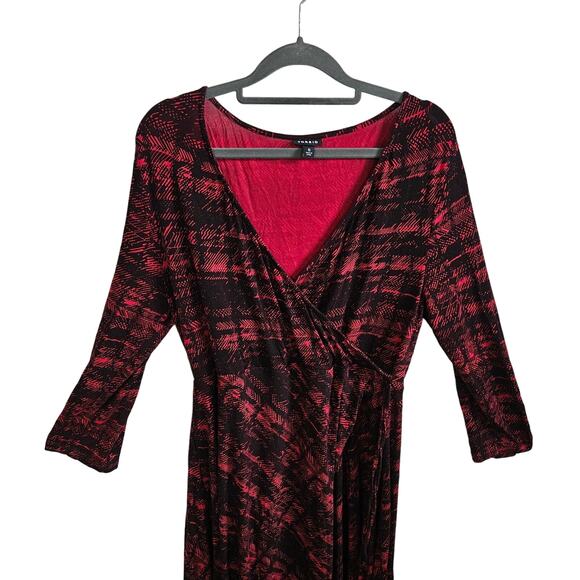 Torrid Women's 0 Wrap Front Midi Dress Black Red Abstract Line Print 3/4 Sleeve - Picture 3 of 6